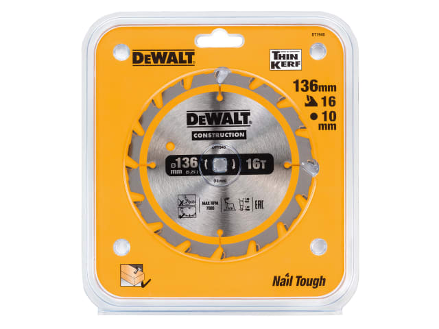 Cordless Construction Trim Saw Blade 136 x 10mm x 16T DEWDT1946QZ - Image 2
