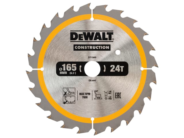 Cordless Construction Trim Saw Blade 165 x 20mm x 24T DEWDT1949QZ