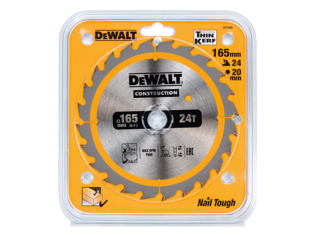 Cordless Construction Trim Saw Blade 165 x 20mm x 24T DEWDT1949QZ - Image 3