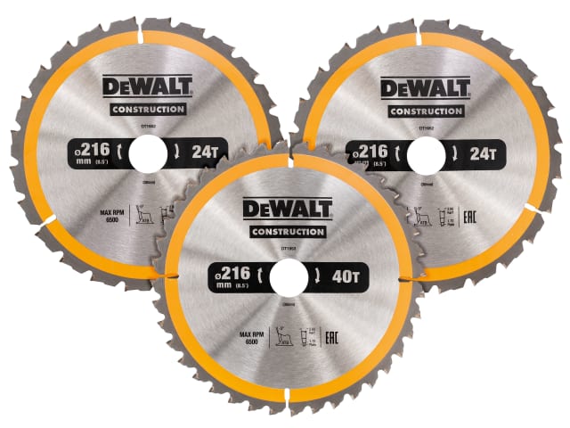 DT1962 Construction Circular Saw Blade 3 Pack 216 x 30mm 2 x 24T 1 x 40T DEWDT1962QZ