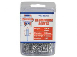 Aluminium Rivets 3.2 x 6mm Short Pre-Pack of 100 FAIAR3S100