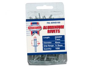 Aluminium Rivets 4 x 7mm Short Pre-Pack of 100 FAIAR4S100