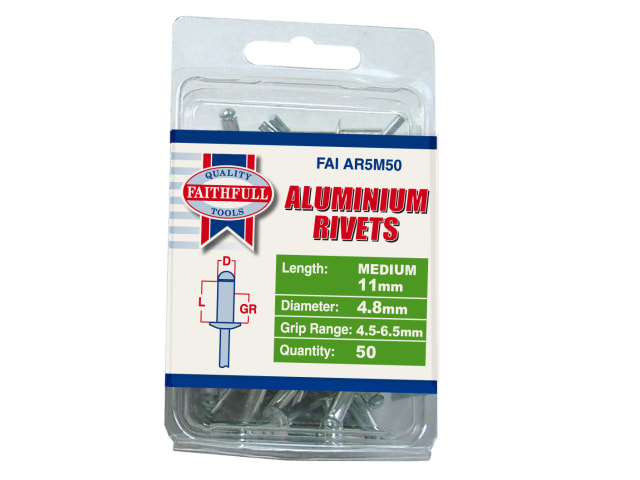 Aluminium Rivets 4.8 x 11mm Medium Pre-Pack of 50 FAIAR5M50