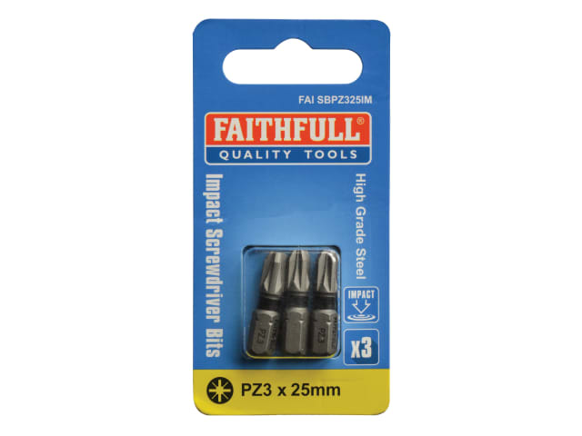 Pozi Impact Screwdriver Bits PZ3 x 25mm (Pack 3) FAISBPZ325IM - Image 2