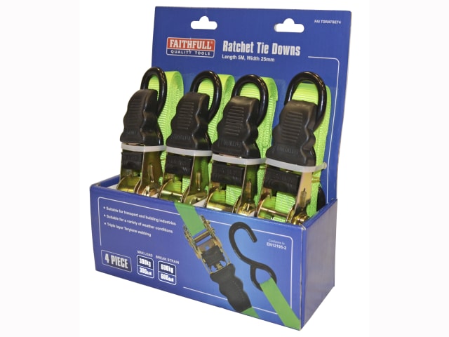 Ratchet Tie-Downs 5m x 25mm Green 4 Piece FAITDRATSET4