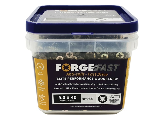 ForgeFast Pozi Compatible Elite Performance Wood Screw ZY 5.0 x 40mm Tub 800 FORFFP540YT - Image 2