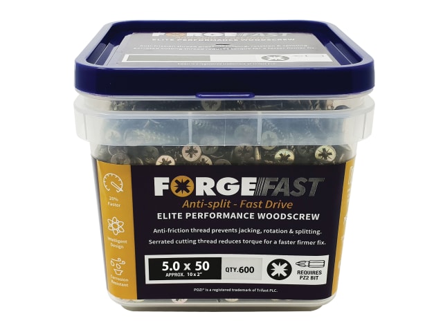ForgeFast Pozi Compatible Elite Performance Wood Screw ZY 5.0 x 50mm Tub 600 FORFFP550YT - Image 3