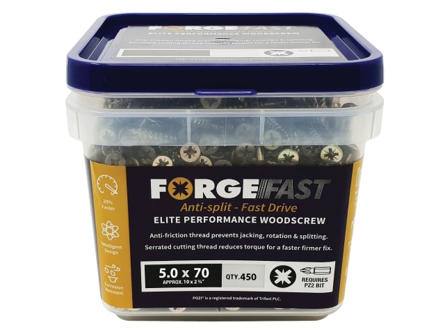 ForgeFast Pozi Compatible Elite Performance Wood Screw ZY 5.0 x 70mm Tub 450 FORFFP570YT - Image 2