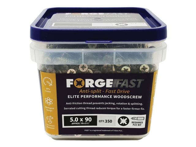 ForgeFast Pozi Compatible Elite Performance Wood Screw ZY 5.0 x 90mm Tub 350 FORFFP590YT - Image 2