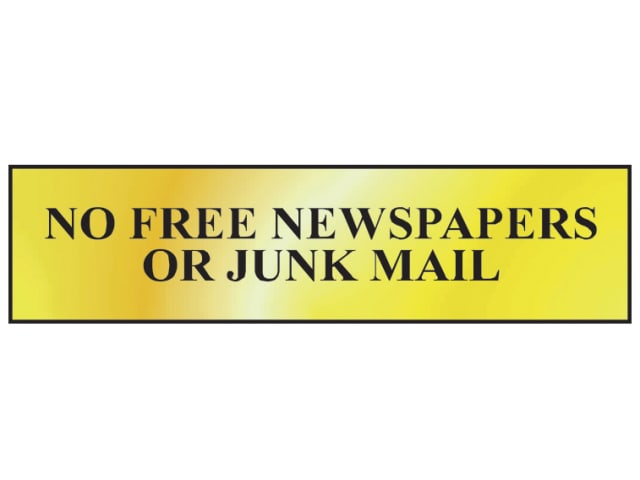 No Free Newspapers Or Junk Mail - Polished Brass Effect 200 x 50mm SCA6023