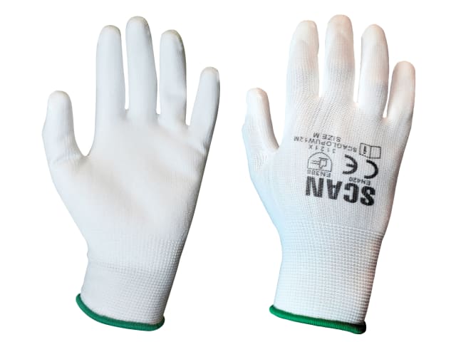 White PU Coated Gloves - M (Size 8) (Pack 12) SCAGLOPUW12M