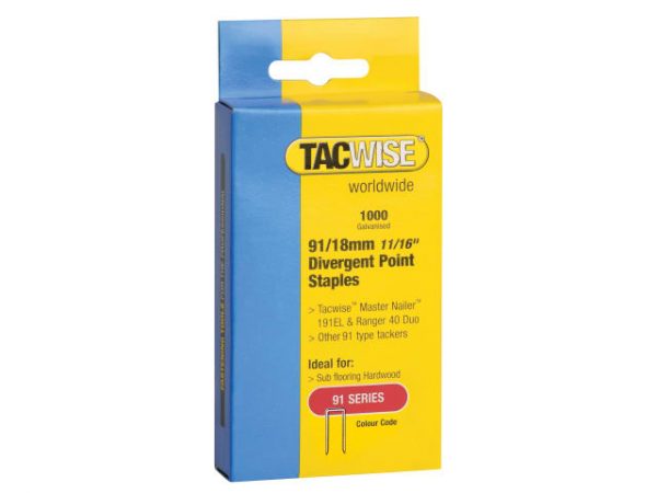 91 Narrow Crown Divergent Point Staples 18mm - Electric Tackers Pack 1000 TAC0287