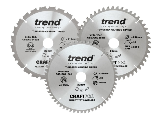 CraftPro Mitre Saw Blade 216 x 30mm x 24T/48T/60T (Pack 3) TRECSB216P3