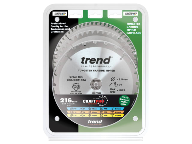 CraftPro Mitre Saw Blade 216 x 30mm x 24T/48T/60T (Pack 3) TRECSB216P3 - Image 2